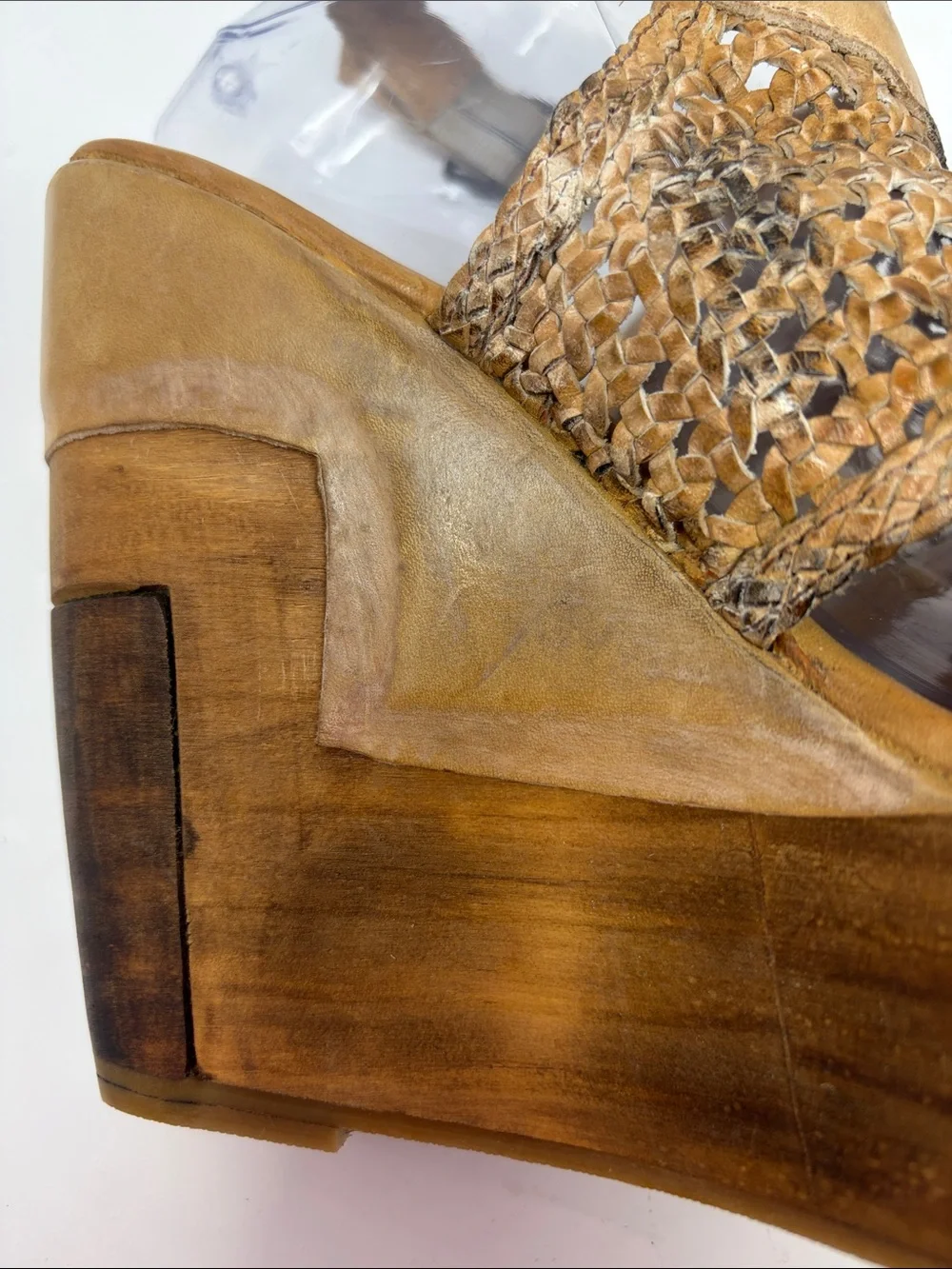BED|STU Woven Dark Camel Leather Platform Sandals Size 10 Excellent Condition